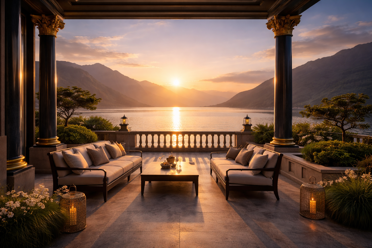 Elegante Terrasse am See bei Sonnenuntergang – Ruhestandsplanung mit Monetalis